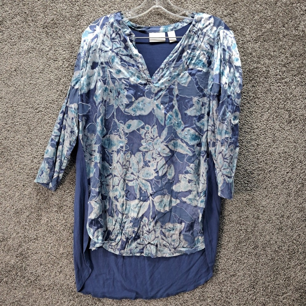 Chico's Blue Floral Burnout Velvet Silk Blend V-Neck Tunic Top Size 2 Large